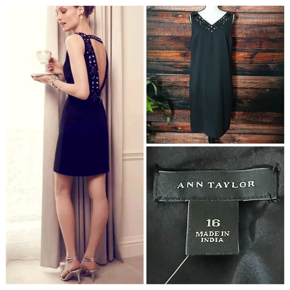 NWT Ann Taylor Dress 16 Black Backless Embellished Beaded Shift Retro Cocktail